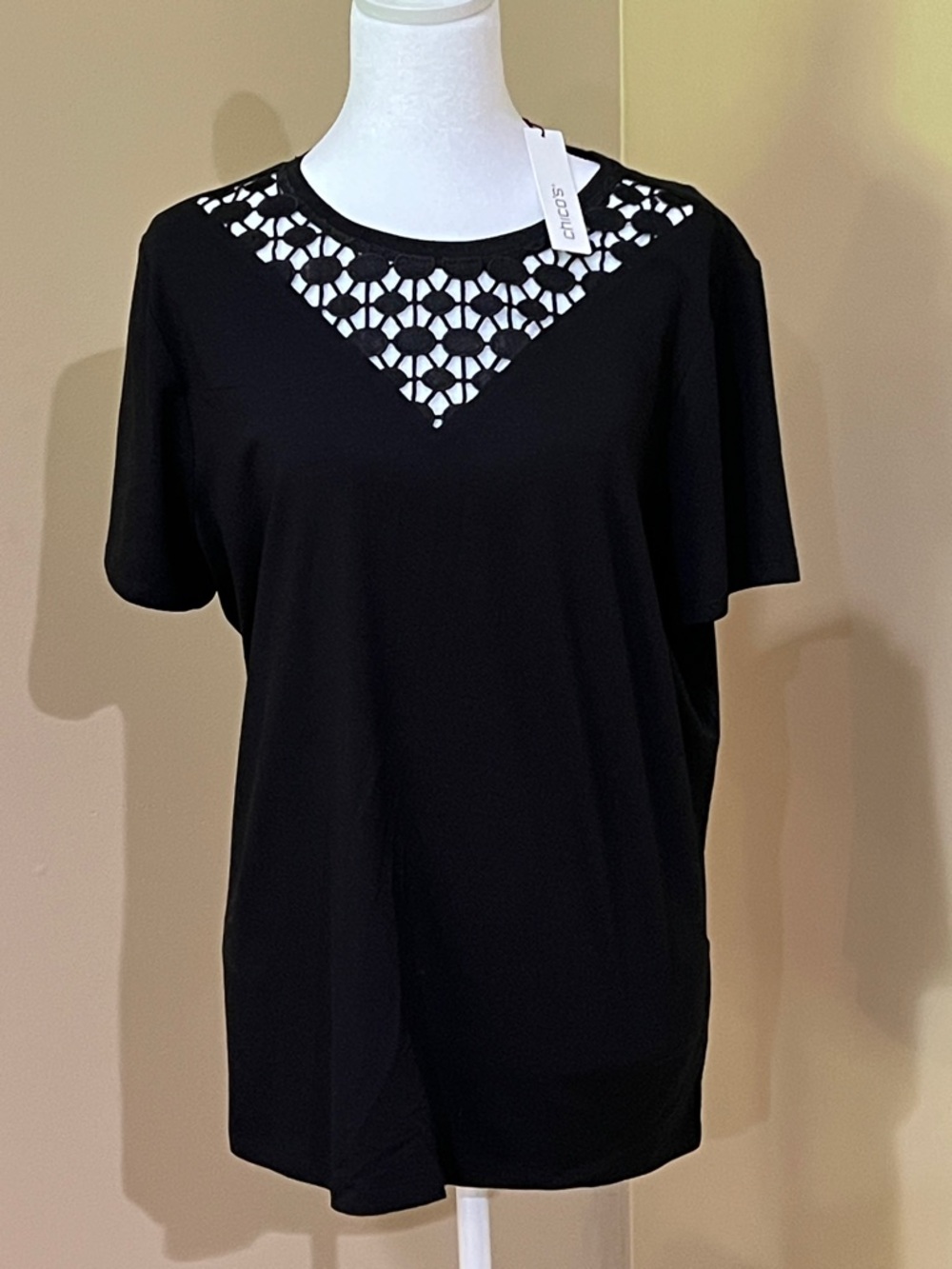 Chico's Black Short Sleeve Tee with Crocheted V-Inset